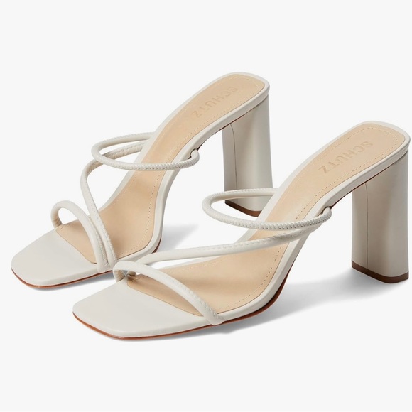 SCHUTZ Shoes - SCHUTZ Chessie Leather Asymmetrical Strap High Heel Sandals in Pearl
